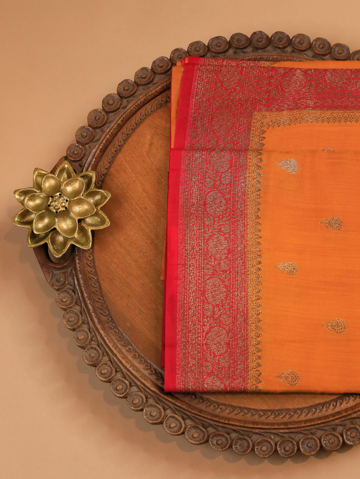 Rust Orange Pure Banarasi Matka Silk Saree with Zari Buttas & Red Floral Border