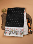 Black Pure Ikat Silk Saree with White Buttas & Broad Ikat Border