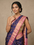 Dark Blue Pure Kanjeevaram Silk Saree with Gold Brocade & Light Pink Border - detail
