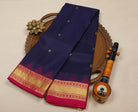 Dark Violet Pure Handloom Kanjeevaram Silk Saree with Zari Buttas & Pink Temple Border