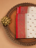 Off-White Pure Banarasi Matka Silk Saree with Zari Buttas & Red Floral Border