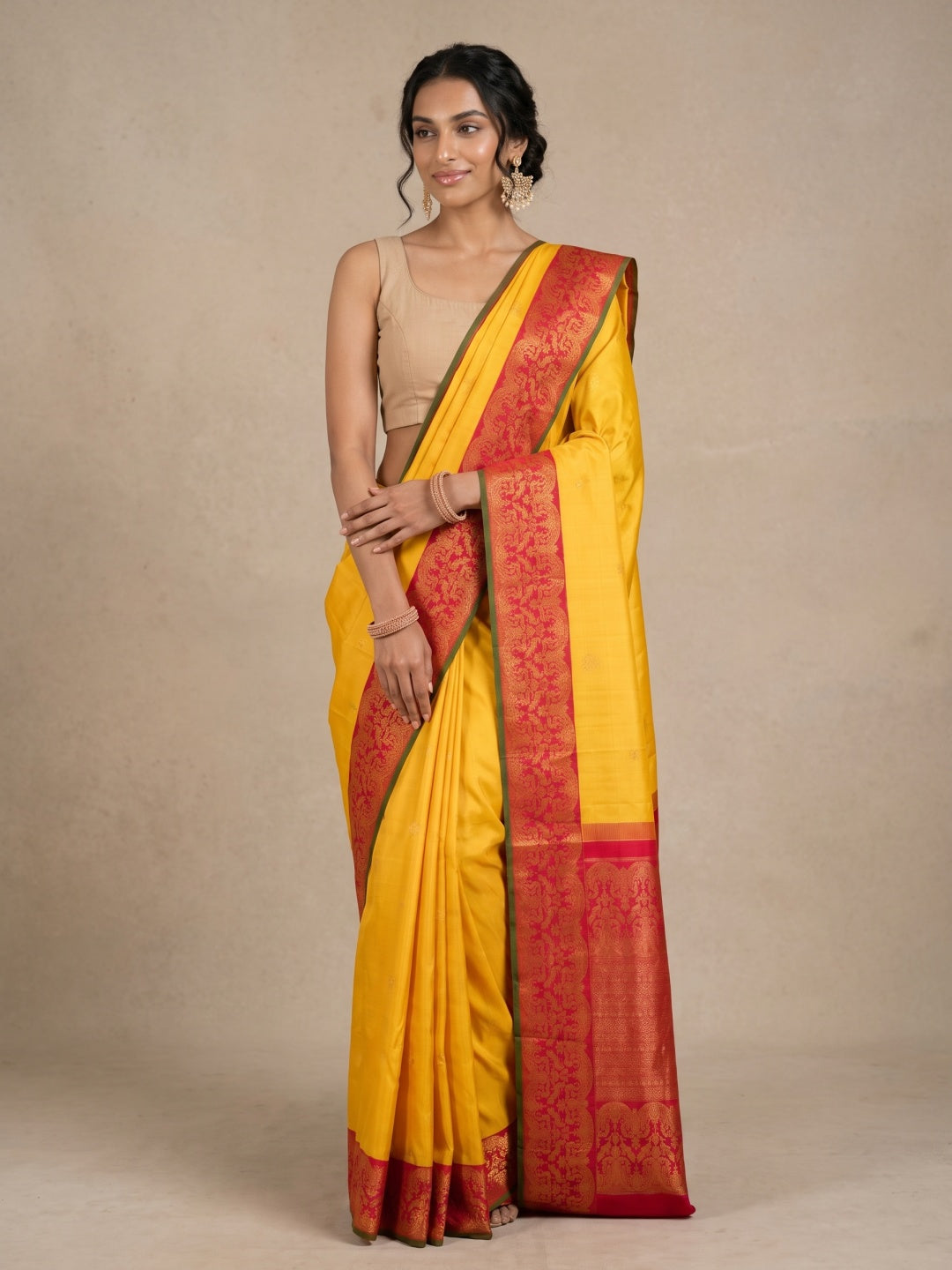 Yellow Pure Kanjeevaram Silk Saree with Gold Zari Motifs & Red Border - detail