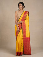Yellow Pure Kanjeevaram Silk Saree with Gold Zari Motifs & Red Border - detail