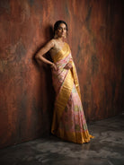 Onion Pink Pure Kanjeevaram Tissue Brocade Saree with Yellow Zari Border