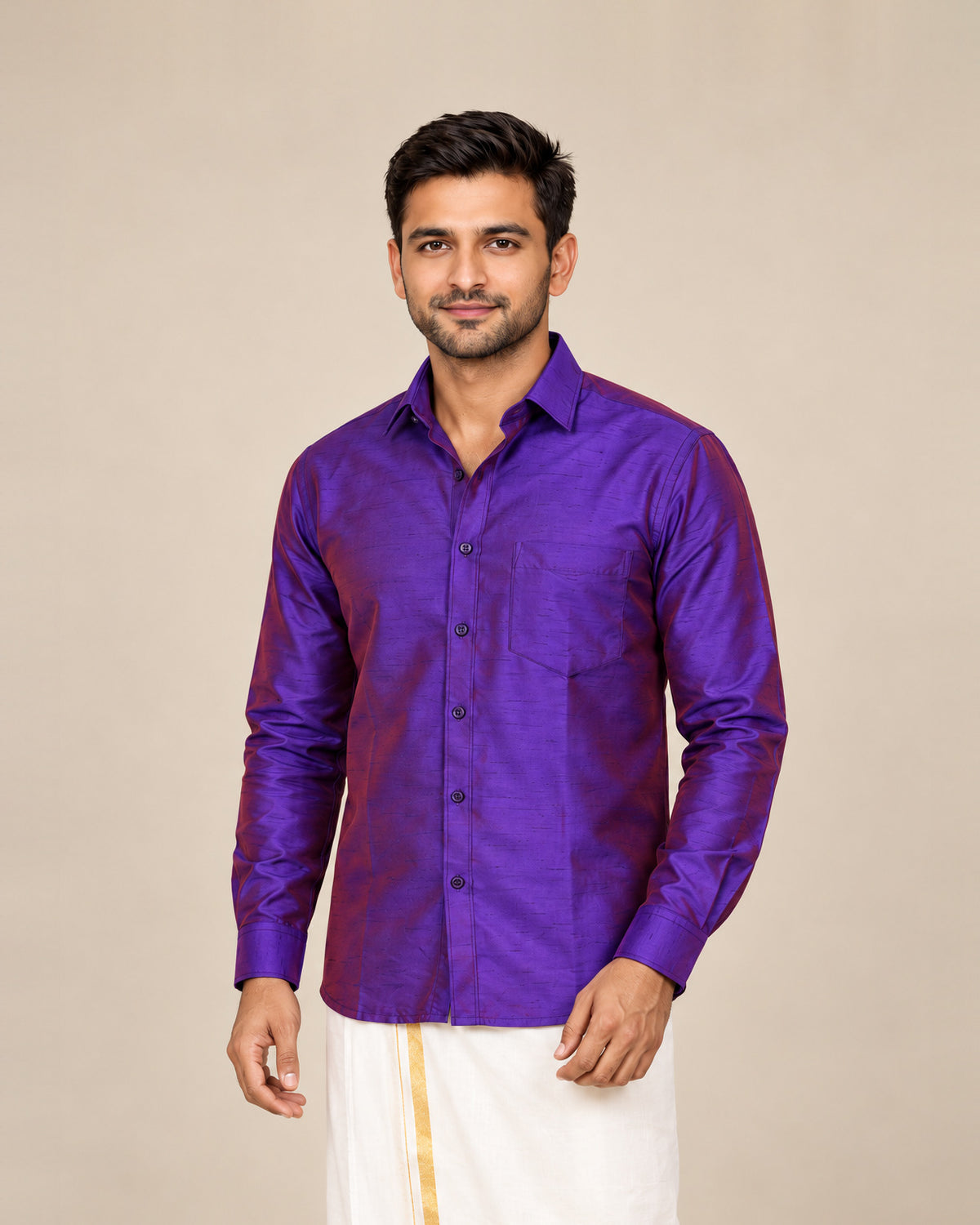 Purple and Red Dual-Tone Plain Raw Silk Shirt