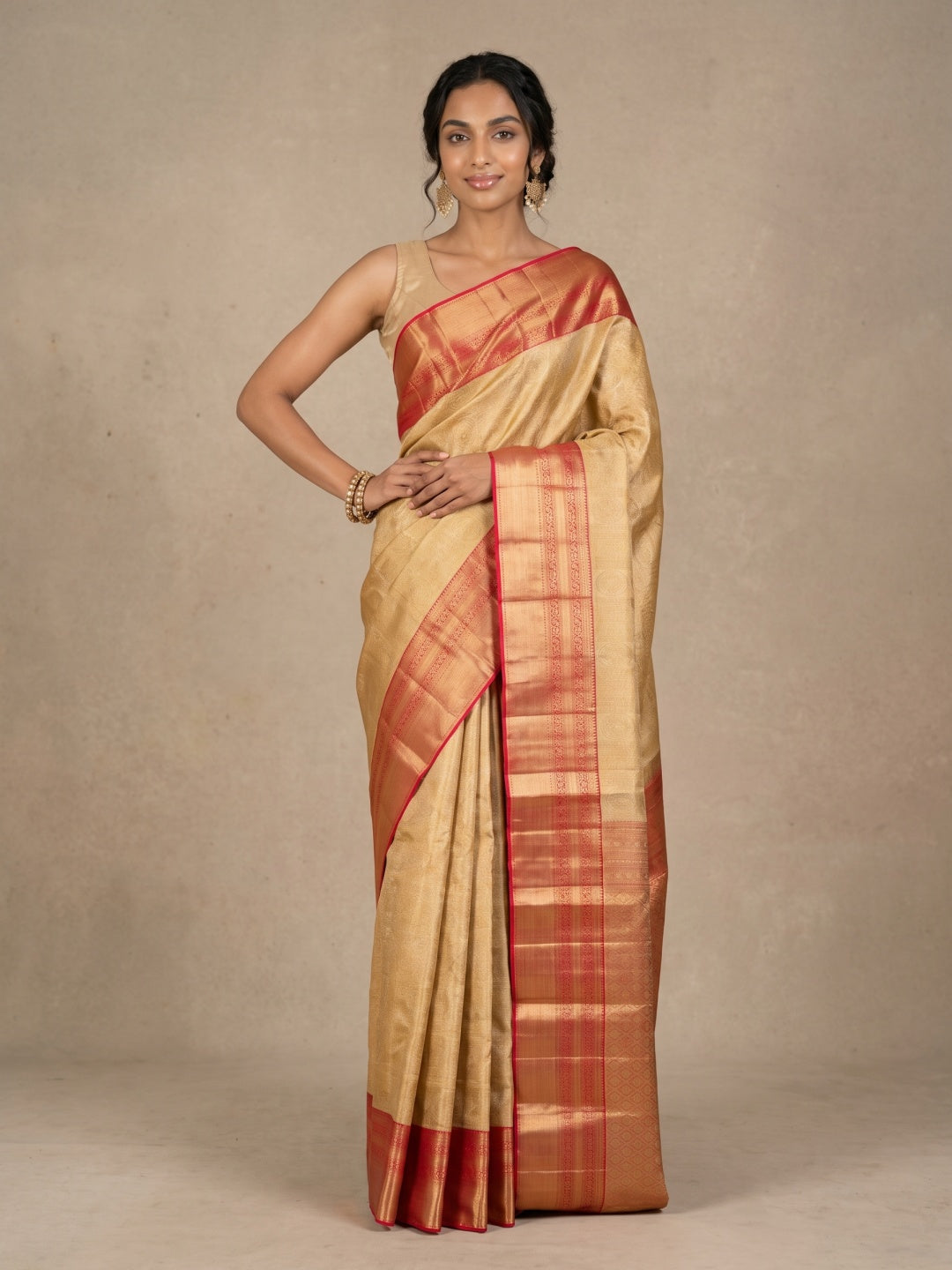 Golden Pure Kanjeevaram Silk Saree with Brocade & Bright Red Border - detail