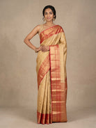 Golden Pure Kanjeevaram Silk Saree with Brocade & Bright Red Border - detail