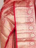 Orangish & Red Pure Kanjeevaram Silk Saree with Gold Brocade - detail
