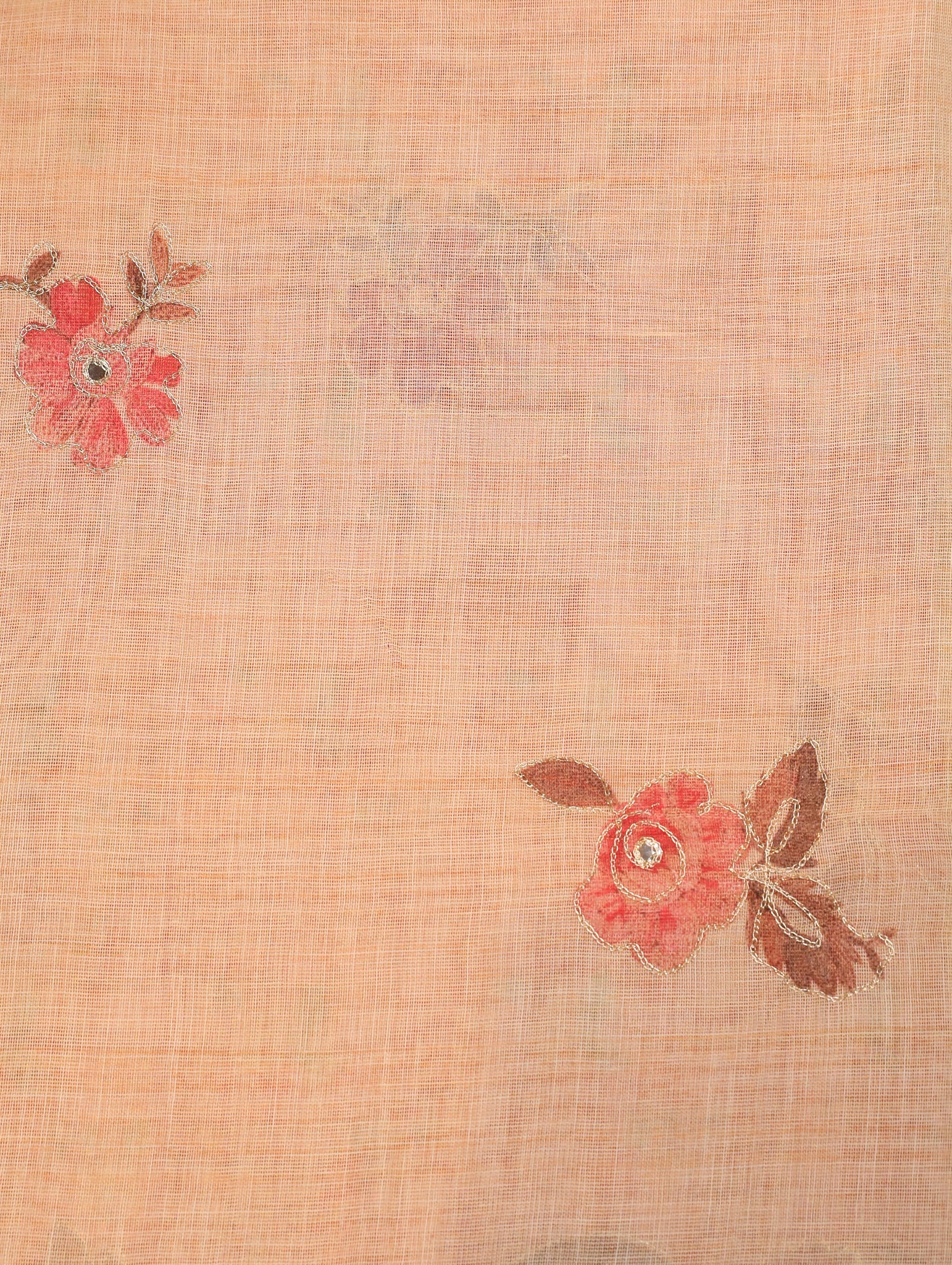 Golden Beige Tissue Linen Saree with Floral Print & Zari Detailing