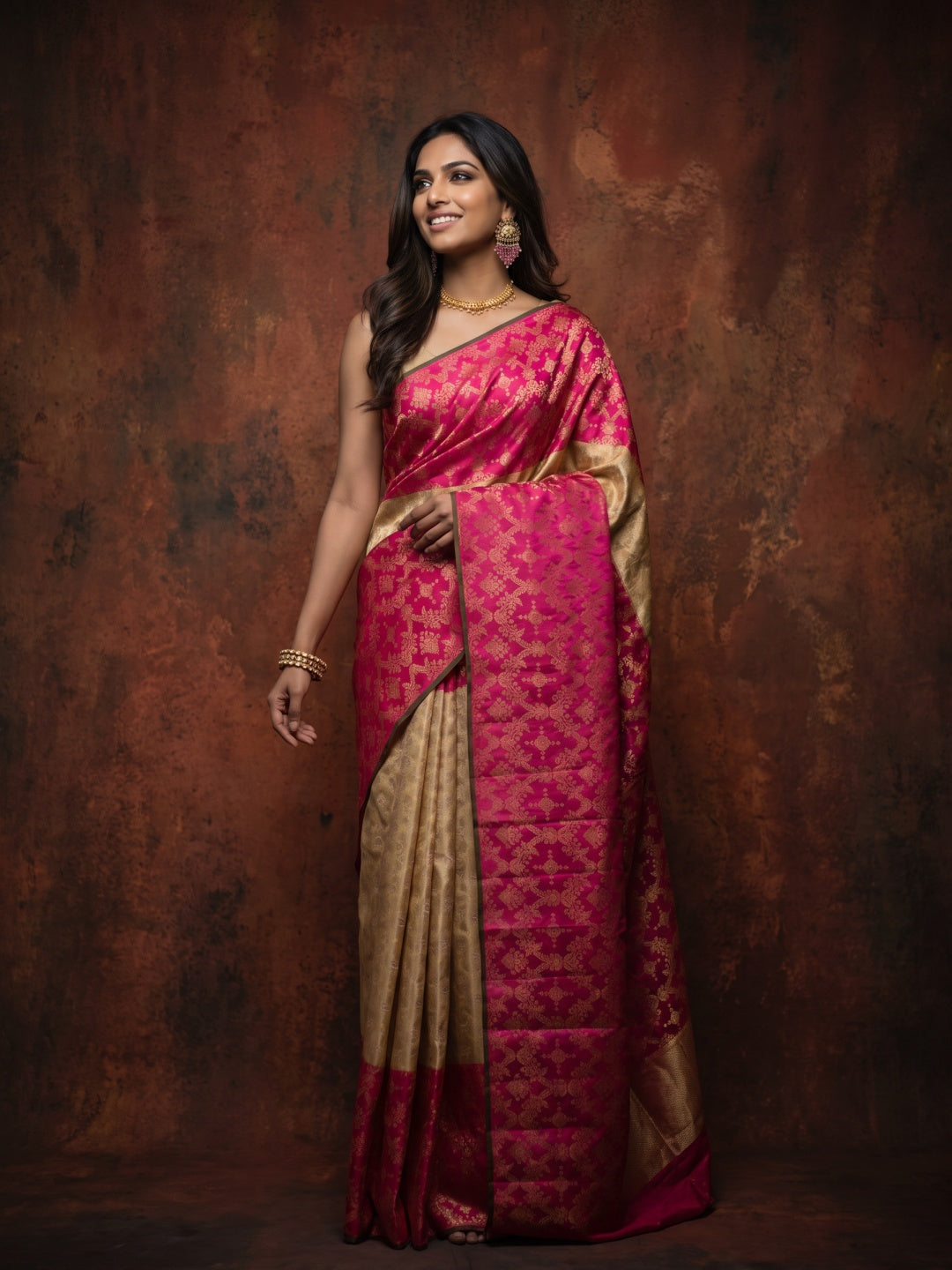 Golden Beige Pure Kanjeevaram Tissue Silk Saree with Diagonal Checks - detail