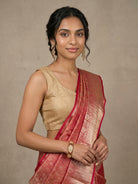 Orangish & Red Pure Kanjeevaram Silk Saree with Gold Brocade - detail