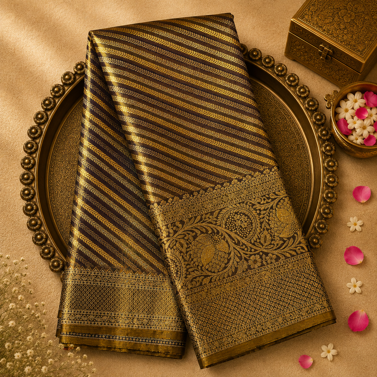 Golden Purple Kanchivaram Pure Brocade Tissue Silk Saree with Gold & Silver Zari