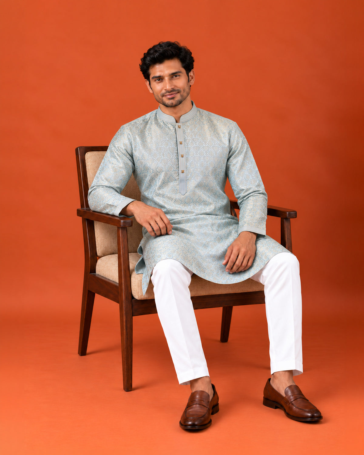 Teal Blue Silk Self-Weave Kurta with White Pants