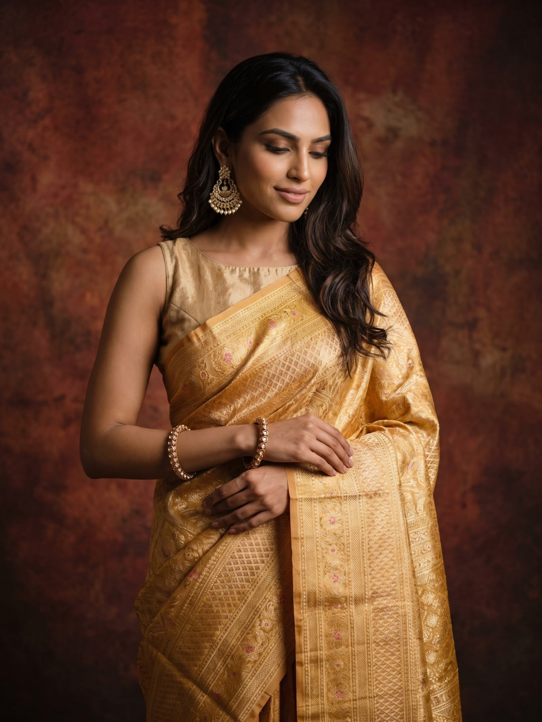 Bright Reddish Orange Pure Kanjeevaram Silk Saree with Gold & Silver Vertical Weave - detail