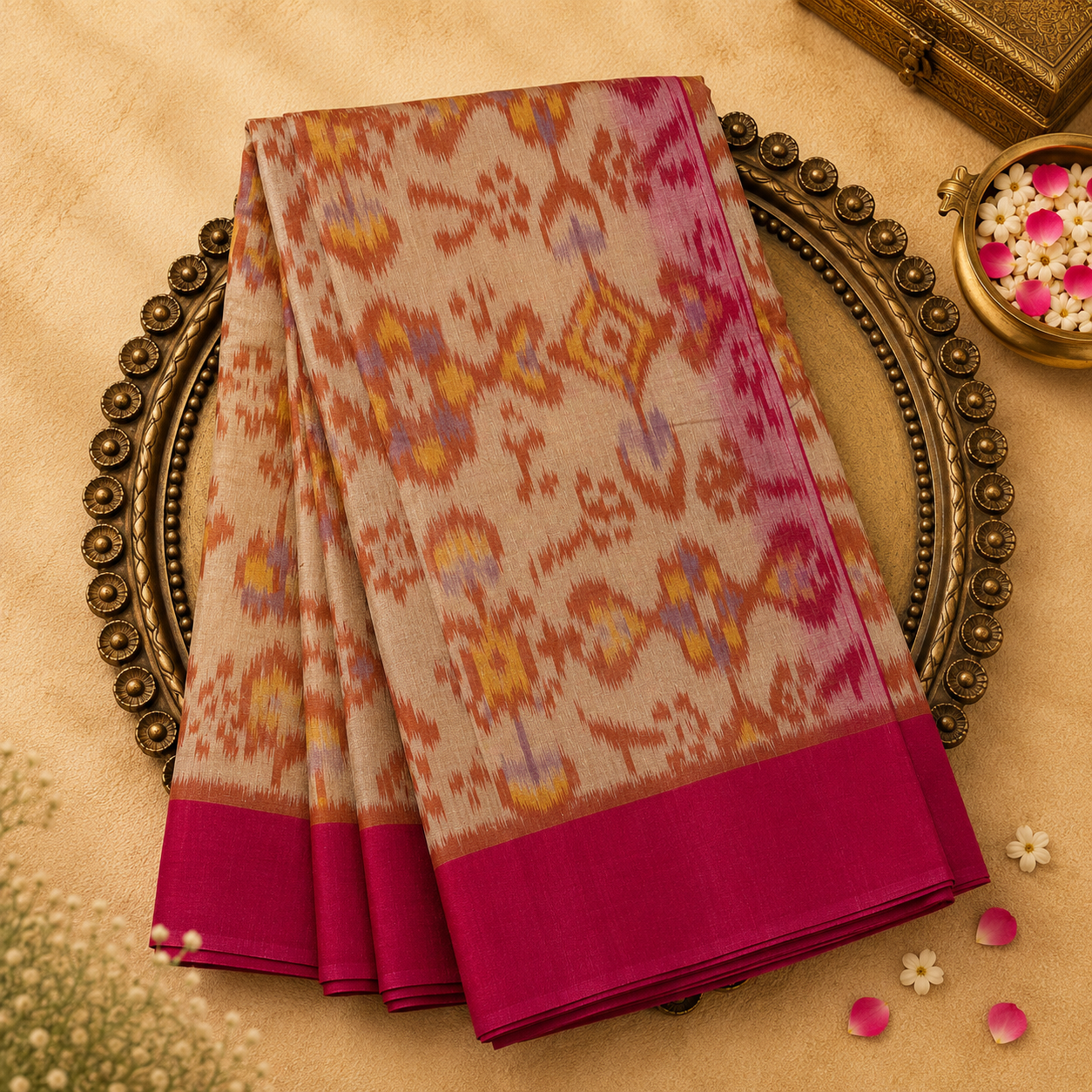 Brownish Beige Pure Ikat Handloom Cotton Silk Saree with Pink Border