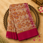 Brownish Beige Pure Ikat Handloom Cotton Silk Saree with Pink Border