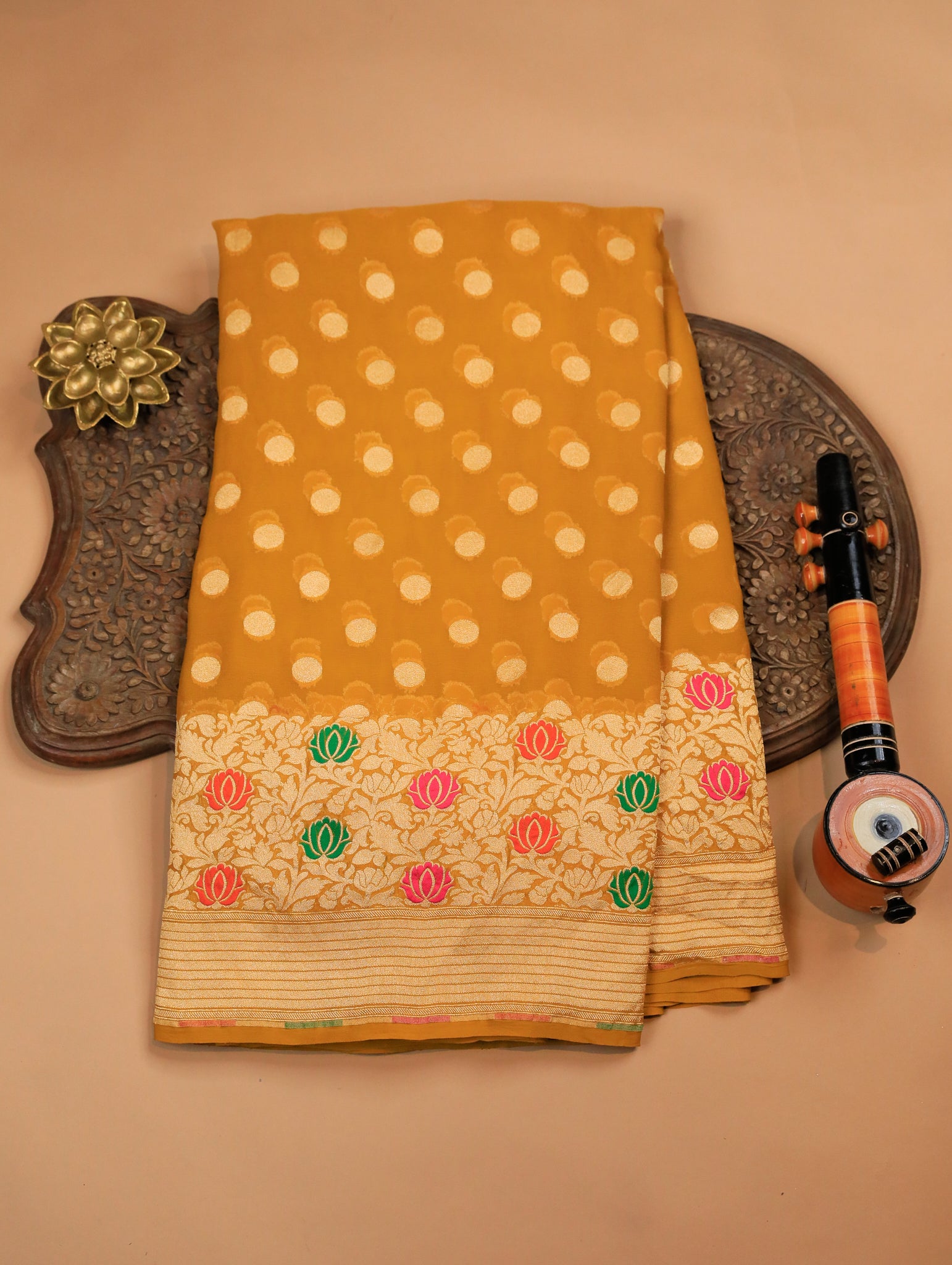 Dusky Yellow Pure Banarasi Georgette Saree with Dotted Buttas & Floral Border
