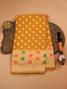 Dusky Yellow Pure Banarasi Georgette Saree with Dotted Buttas & Floral Border