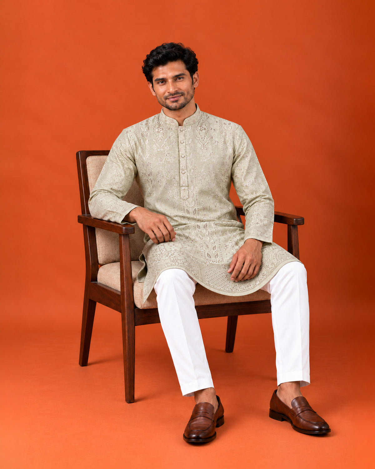 Light Pastel Green Embroidered Kurta with White Pants