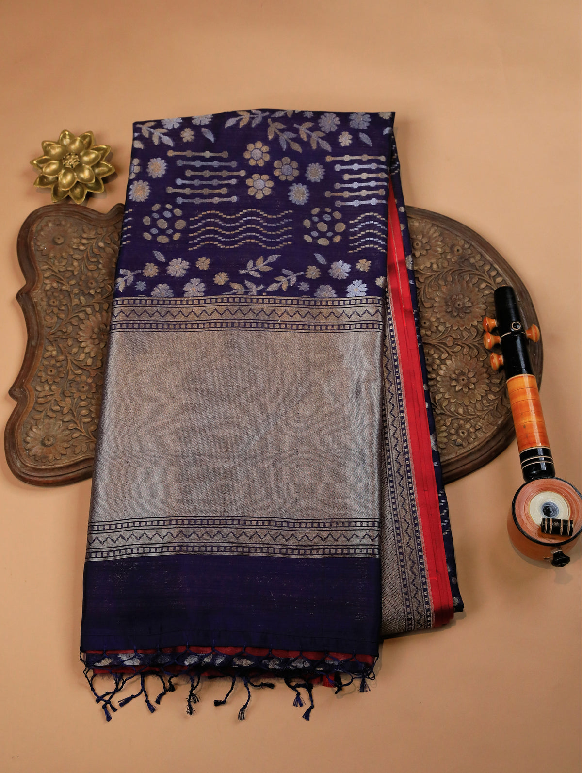 Navy Blue Pure Banarasi Organza Silk Saree with Floral Zari Brocade