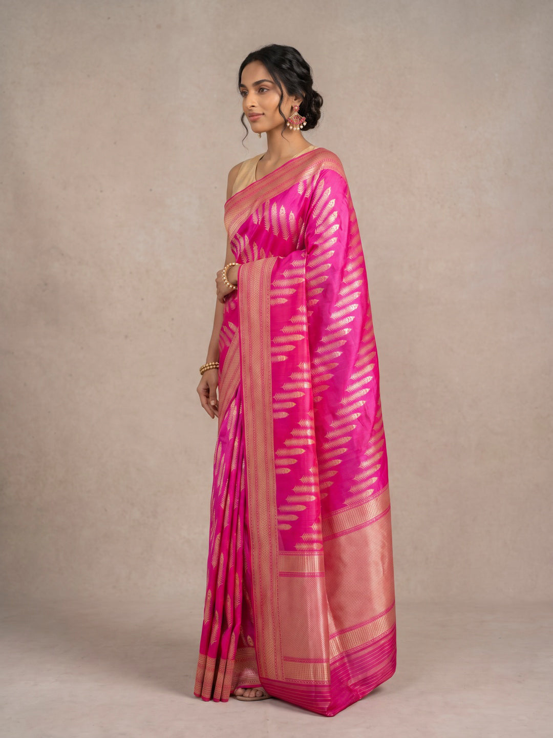 Bright Pink Pure Banarasi Silk Saree with Gold & Silver Diagonal Motifs