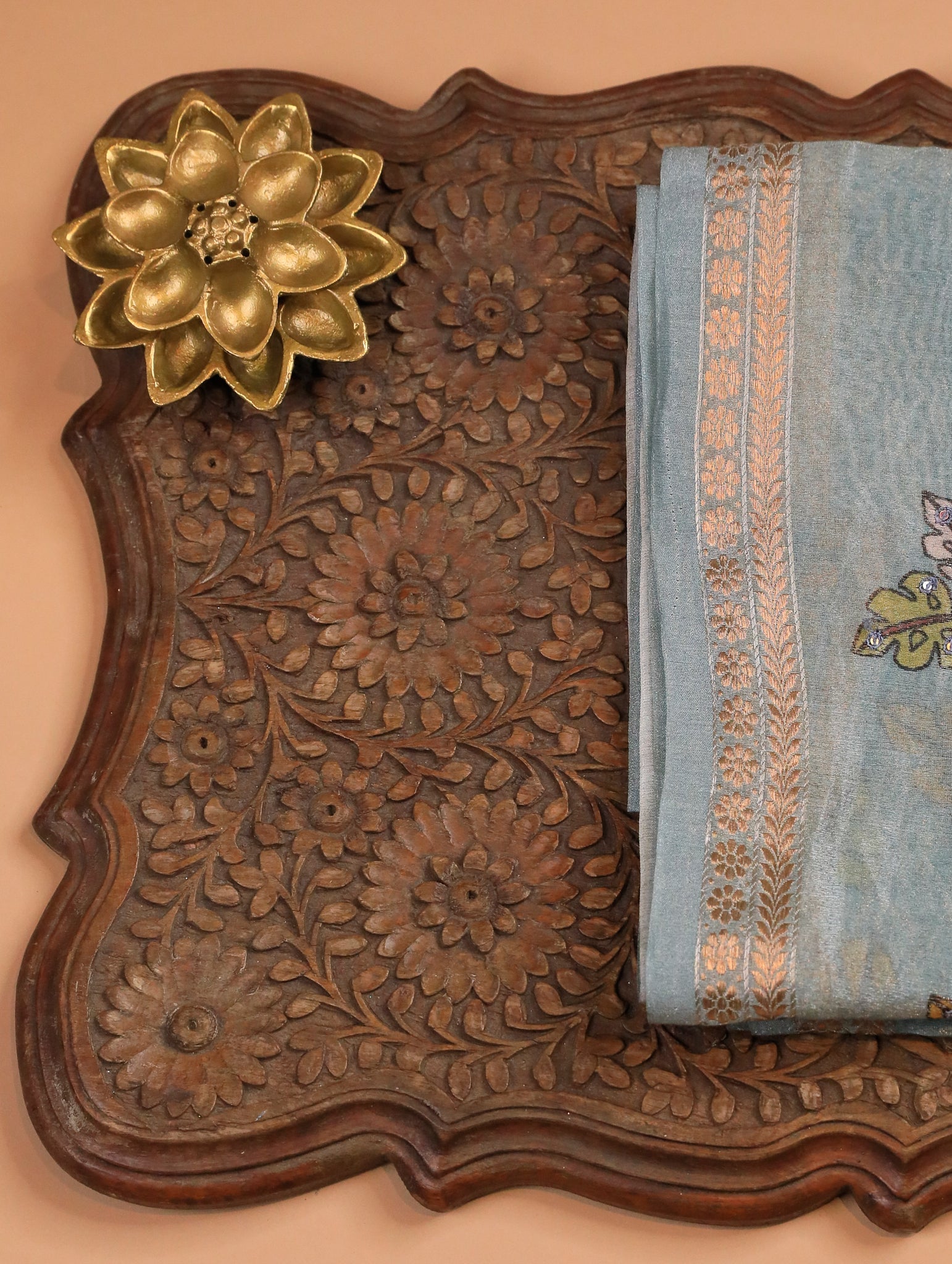 Dusky Blue Pure Organza Tissue Silk Saree with Floral Print & Zari Border