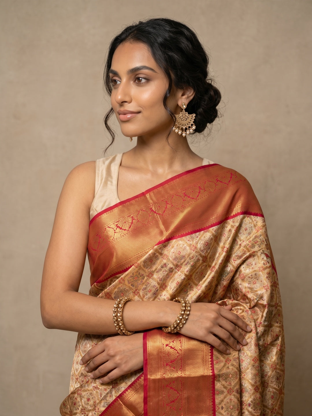 Golden Kanjeevaram Silk Saree with Brocade Weave & Red Zari Border - detail