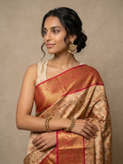 Golden Kanjeevaram Silk Saree with Brocade Weave & Red Zari Border - detail