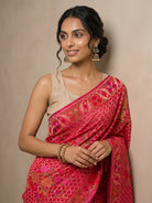 Bright Pink Pure Kora Silk Saree with Jamdani Weave & Border - detail