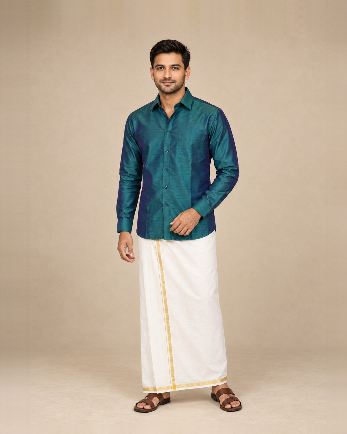 Dark Bottle Green Plain Raw Silk Shirt