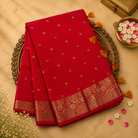 Red Semi Banarasi Silk Saree with Floral Embroidery & Gold Zari Border