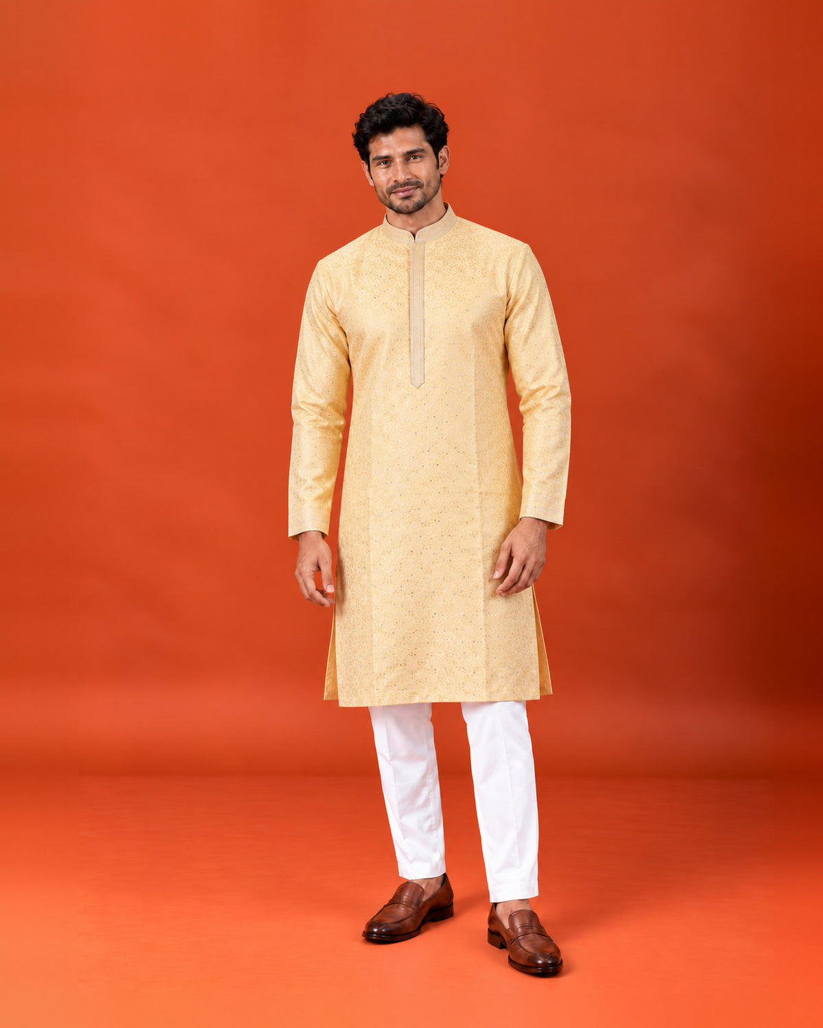 Yellowish Cream Embroidered Kurta with White Pants