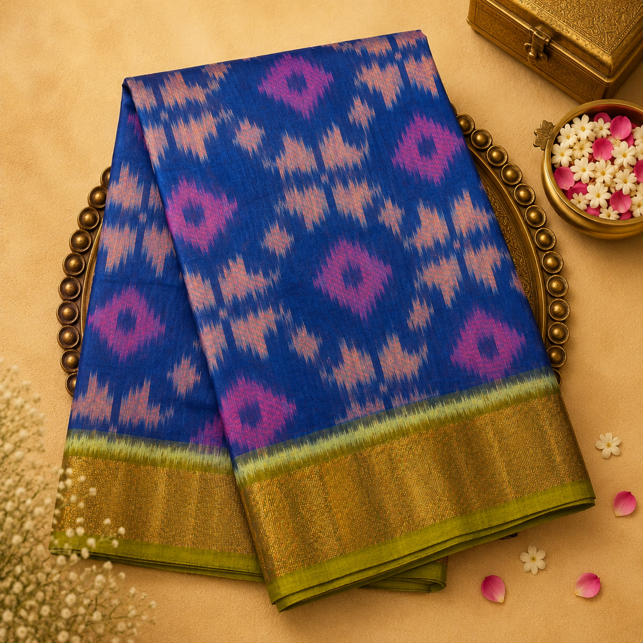 Peacock Blue Pure Ikat Handloom Cotton Silk Saree with Green Border