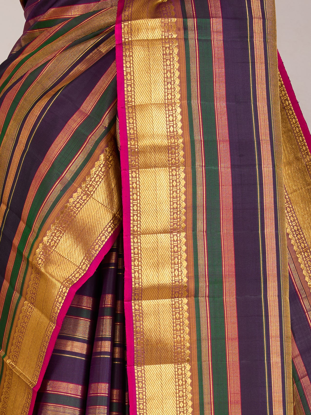 Multicolour Pure Kanjeevaram Silk Saree with Gold Zari Detailing - detail