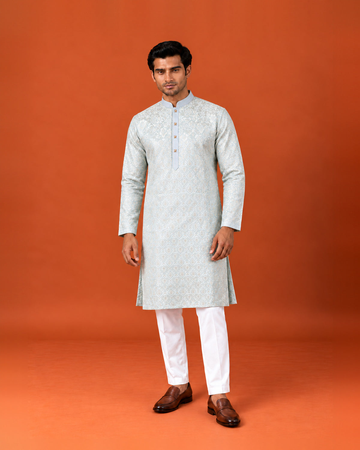 Aqua Blue Silk Self-Weave Kurta with White Pants