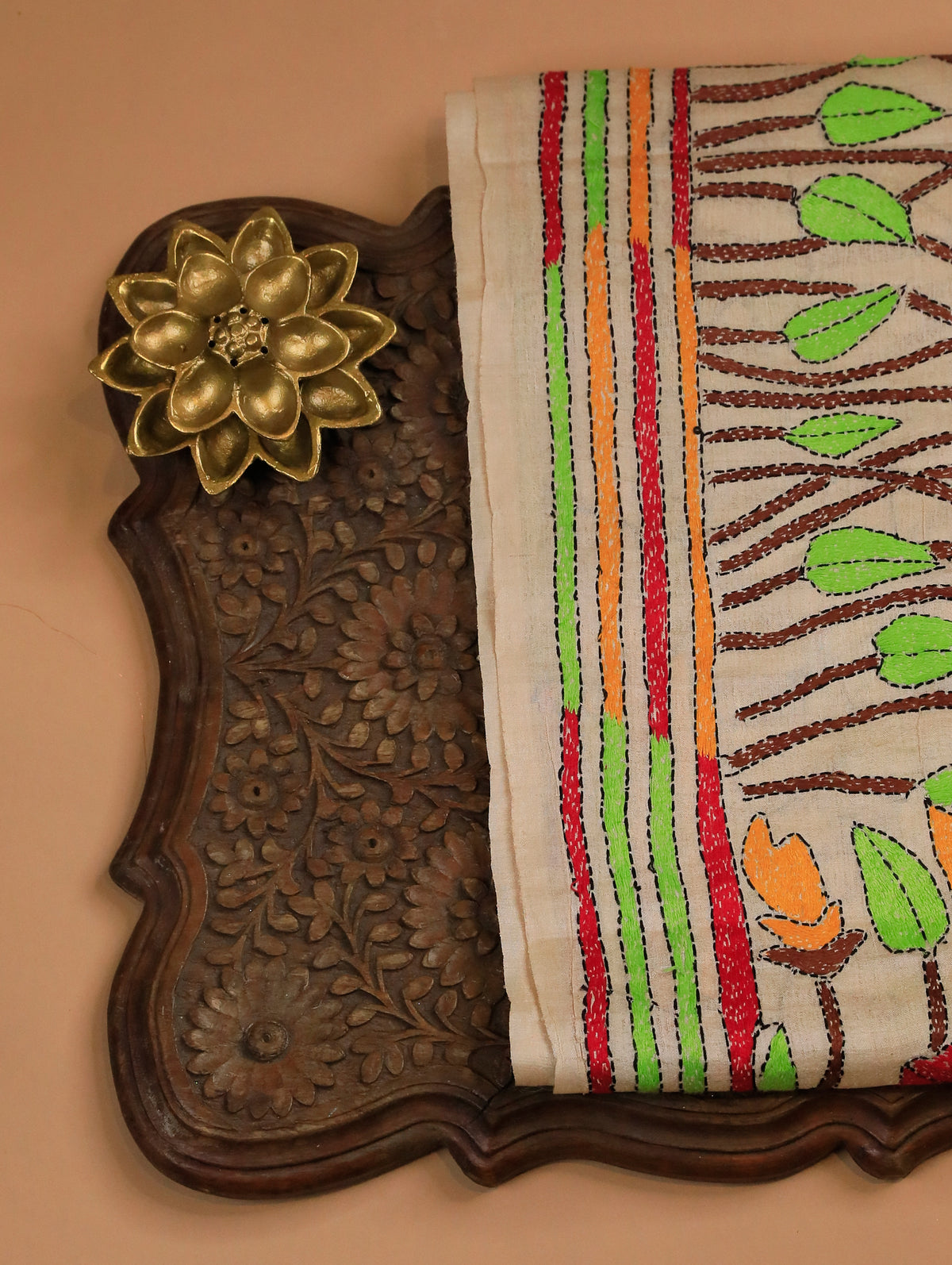 Cream Pure Tussar Silk Saree with Leaf Buttas & Floral Embroidery Border