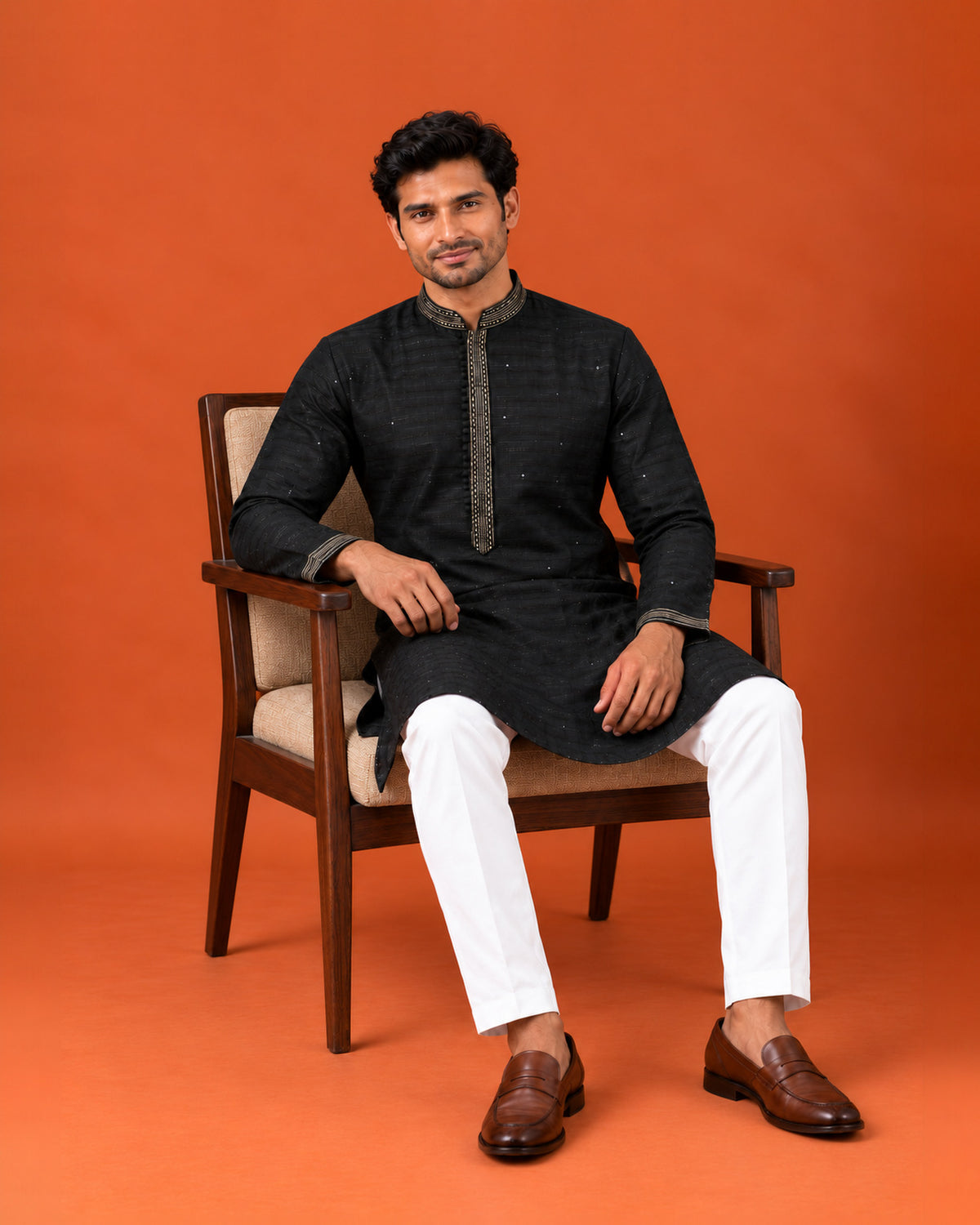 Black Silk Sequin-Detailed Kurta with White Pants