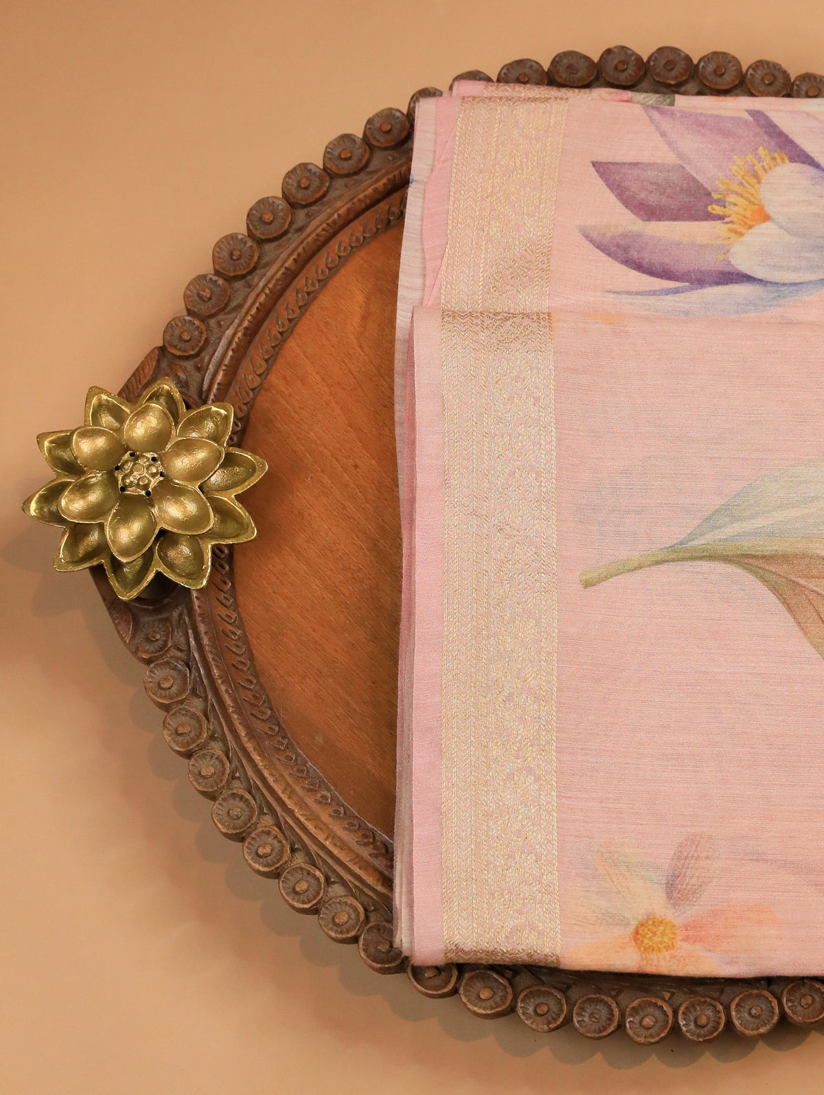 Dusky Pink Pure Banarasi Silk Saree with Floral Print & Zari Border