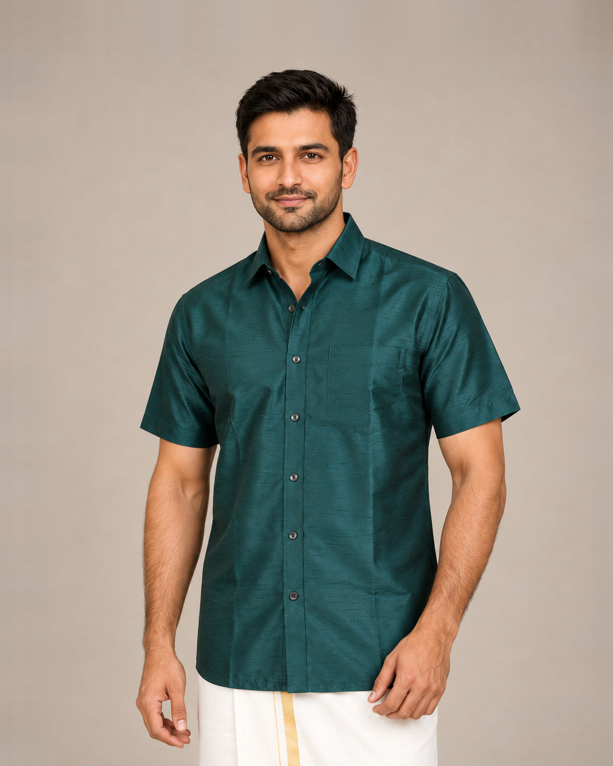 Dark Green Plain Raw Silk Shirt