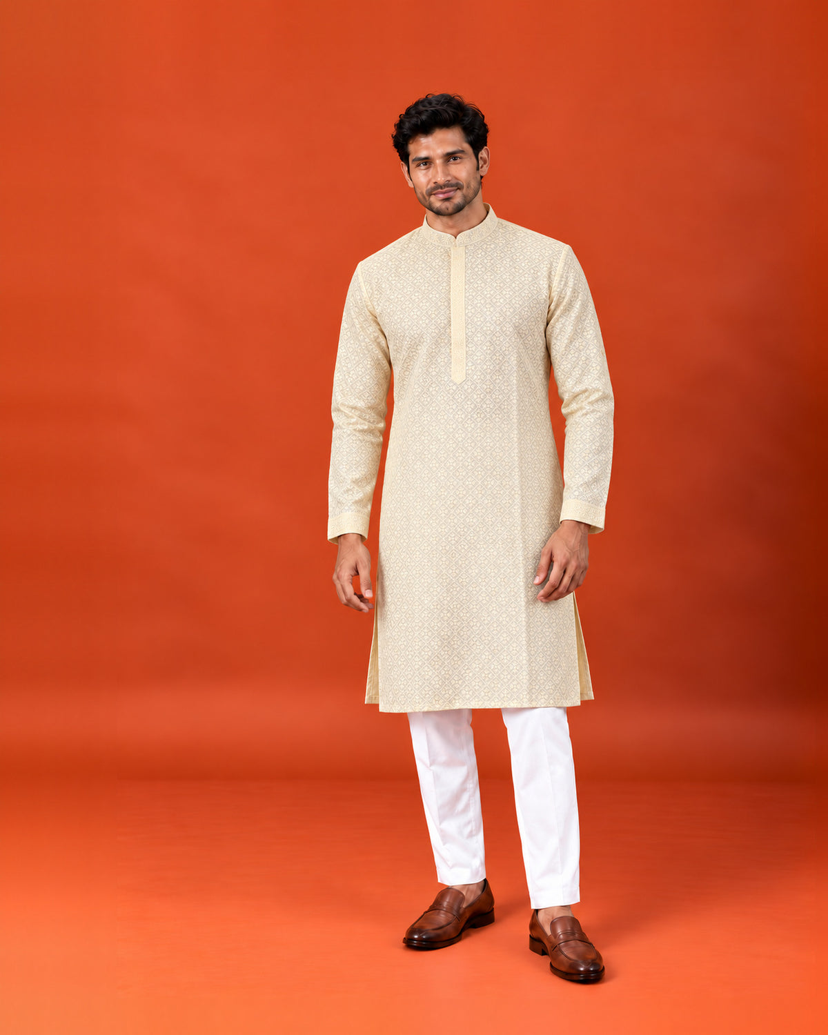 Light Cream Cotton Embroidered Kurta with White Pants