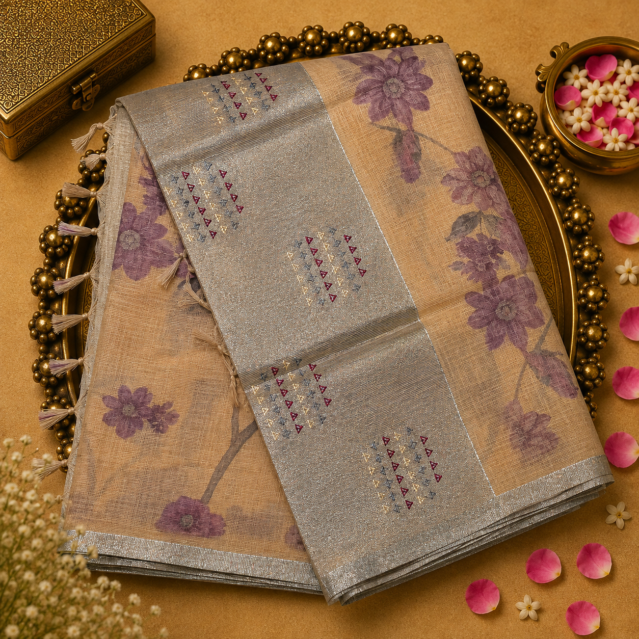 Beige Kotta Cotton Saree with Floral Design & Silver Zari Border