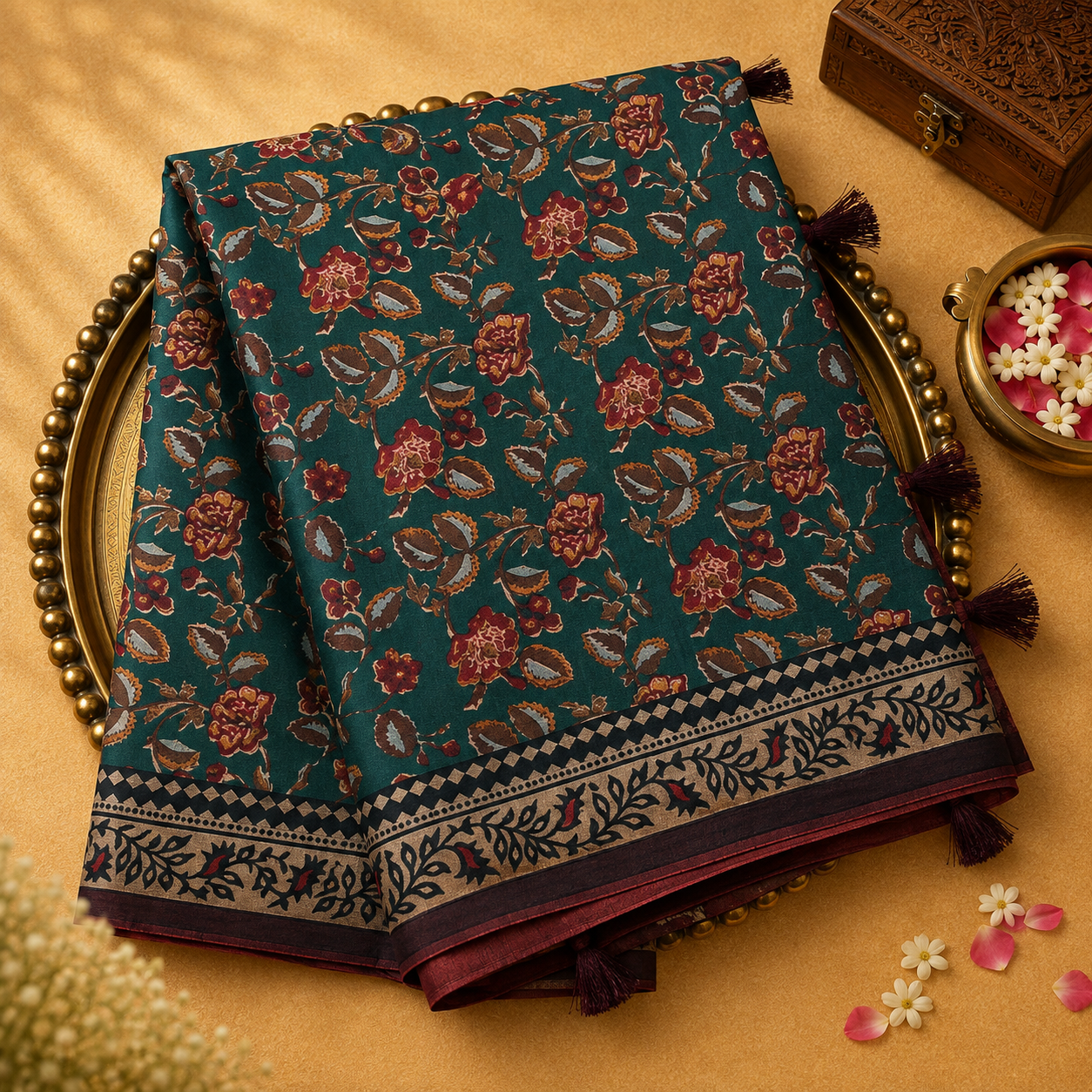 Dark Green Semi Crepe Silk Saree with Floral Print & Beige Printed Border