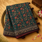 Dark Green Semi Crepe Silk Saree with Floral Print & Beige Printed Border
