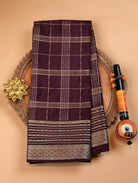 Dark Plum Mysore Crepe Silk Saree with Zari Checks & Border