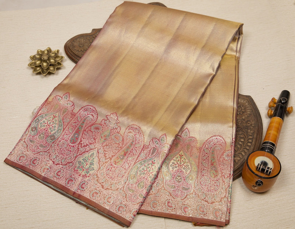 Pink-Blue Dual-Tone Kanjeevaram Tissue Silk Saree with Diagonal Weave & Pink-Gold Zari Border