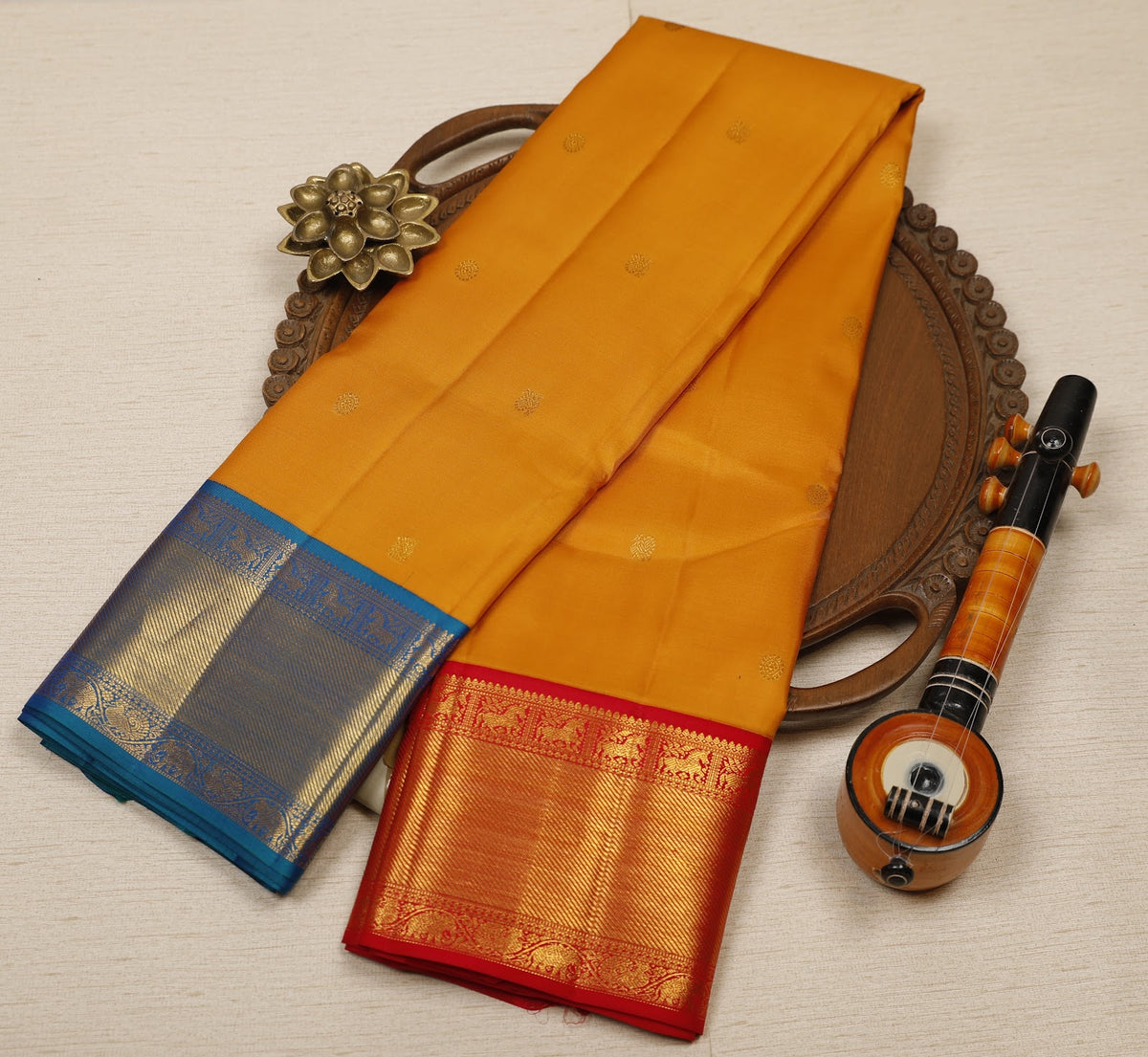 Mustard Yellow Pure Handloom Kanjeevaram Silk Saree with Zari Buttas & Green-Pink Double Border