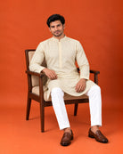 Light Cream Cotton Embroidered Kurta with White Pants