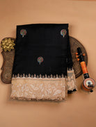 Black Pure Tussar Silk Saree with Zari Motifs & Embroidered Organza Border