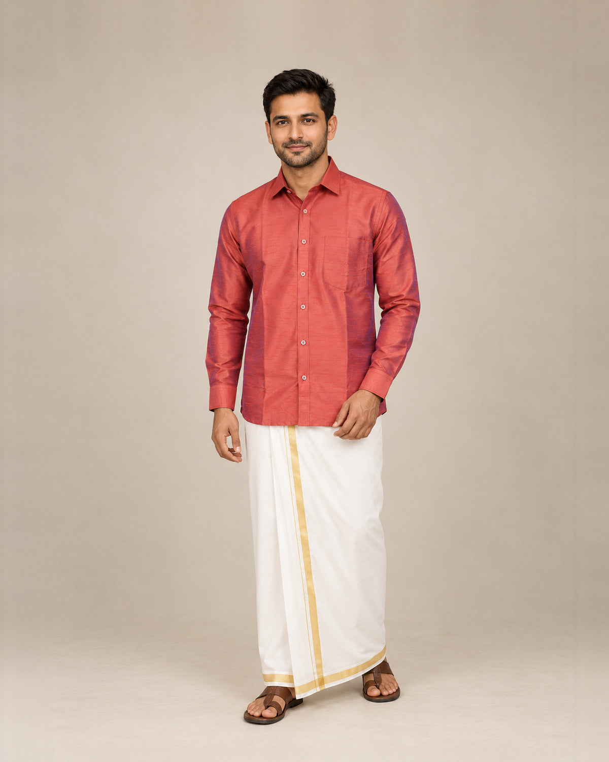 Brick Red Plain Raw Silk Shirt