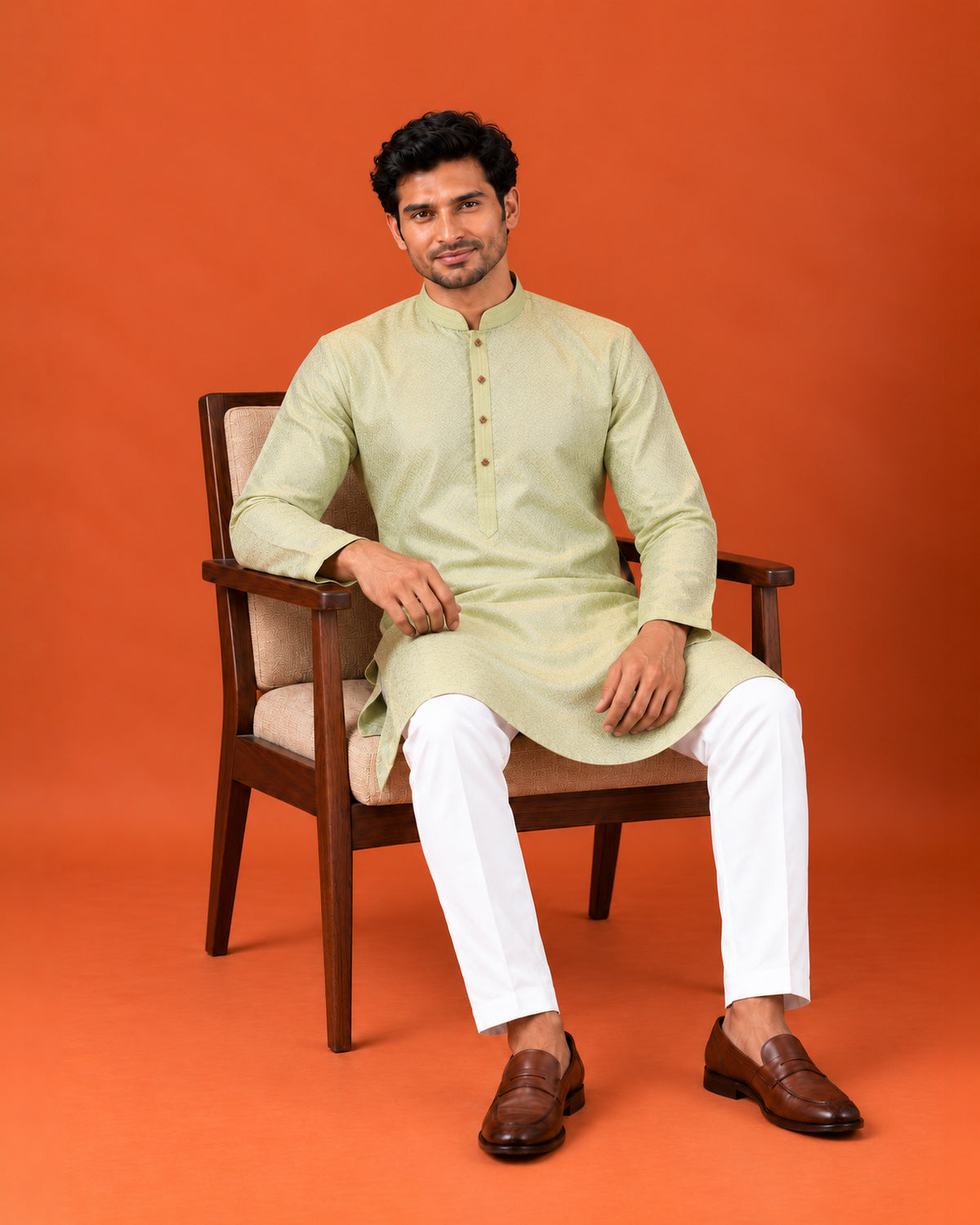 Pista Green Silk Embroidered Kurta with White Pants